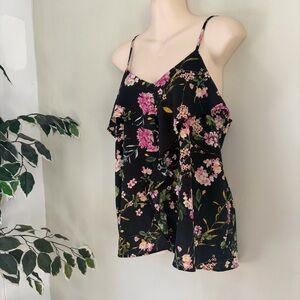 Monteau Anthropologie black floral tank cami top with ruffle detail Size Large